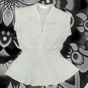 Monteau Black and White Peplum Blouse with Cap Sleeves and Mandarin Collar